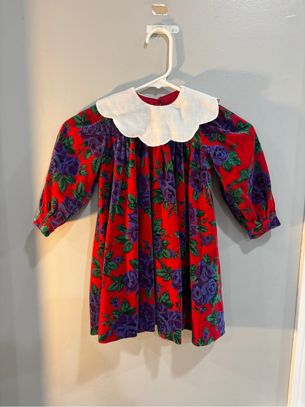 Girls Red Floral Casual Dress with White Peter Pan Collar